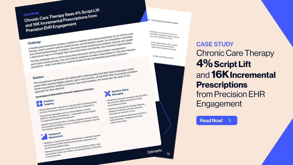OPRXtweets's tweet image. When market competition intensifies and demand plateaus, some mature pharma brands see a sinking ship. But one chronic care brand fought back — and won.

Here&apos;s what OptimizeRx helped them achieve:
✅+4% lift
✅+16K new prescriptions
✅+1K new writers

Real results, powered by…