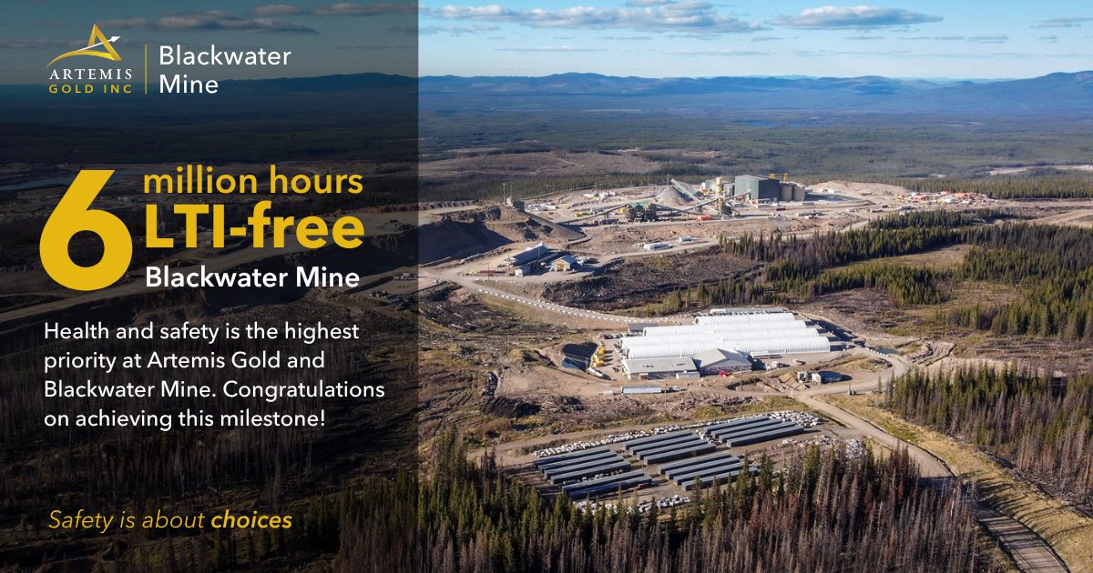 ArtemisGoldInc's tweet image. We’re proud to celebrate the Blackwater Mine team reaching another incredible safety milestone – 6 million hours without a lost time injury (LTI)!

#artemisgold #blackwatermine #miningbc #mining