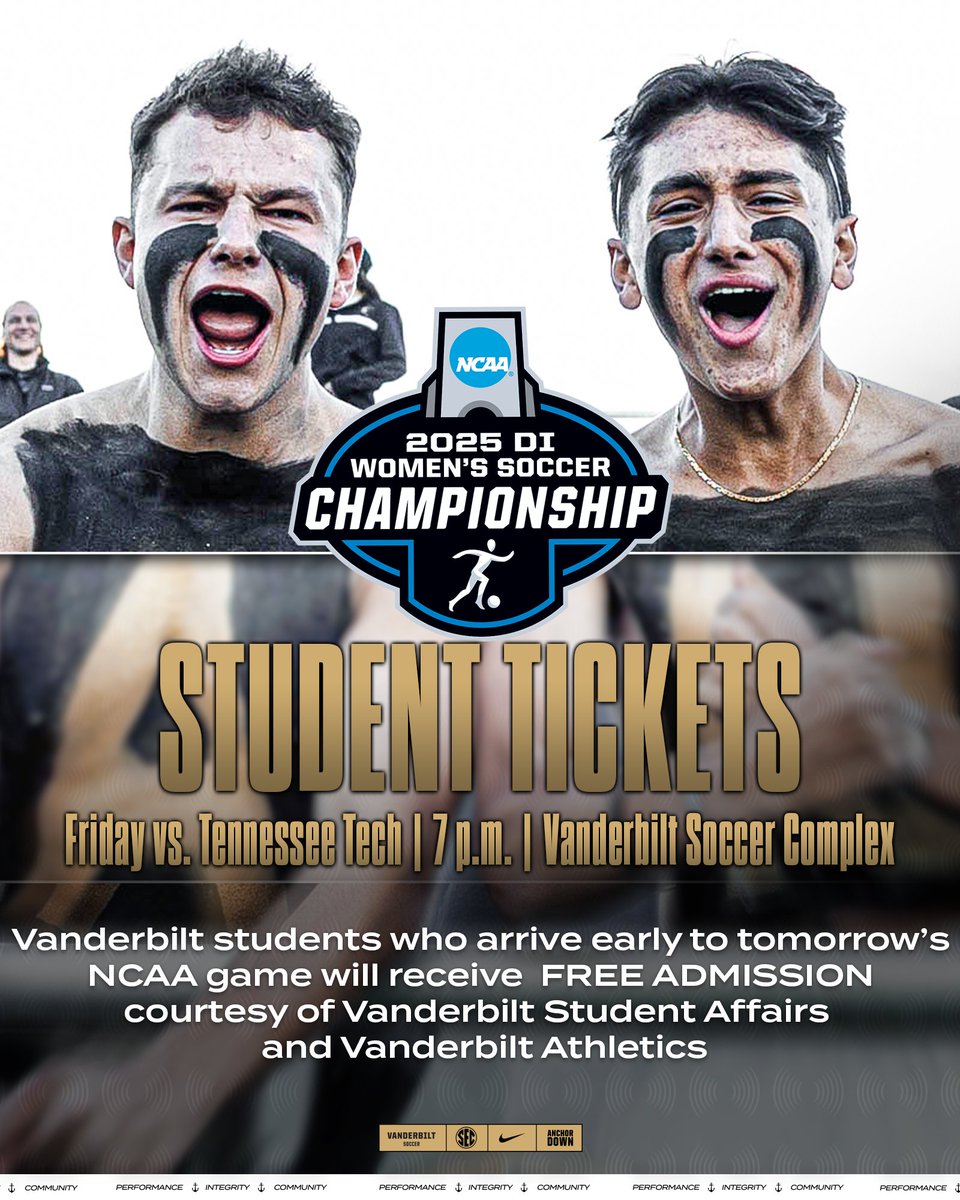 🚨 Calling all <a href="/VanderbiltU/">Vanderbilt University</a> students! 

Thanks to Vanderbilt Student Affairs and <a href="/vucommodores/">Vanderbilt Athletics</a>, students who show up early to tomorrow's NCAA match against Tennessee Tech will receive FREE ADMISSION! Help us Pack the Plex!