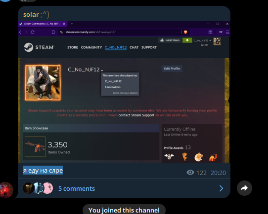 BorkCS's tweet image. Hackers are posting screenshots from their telegram the user with the telegram @&quot;solar&quot; is logged into Hawkeyes account while also being logged into a second steam account↓
steamcommunity.com/id/BreeL

They&apos;re basically untouchable because they live in Russia and will be protected.