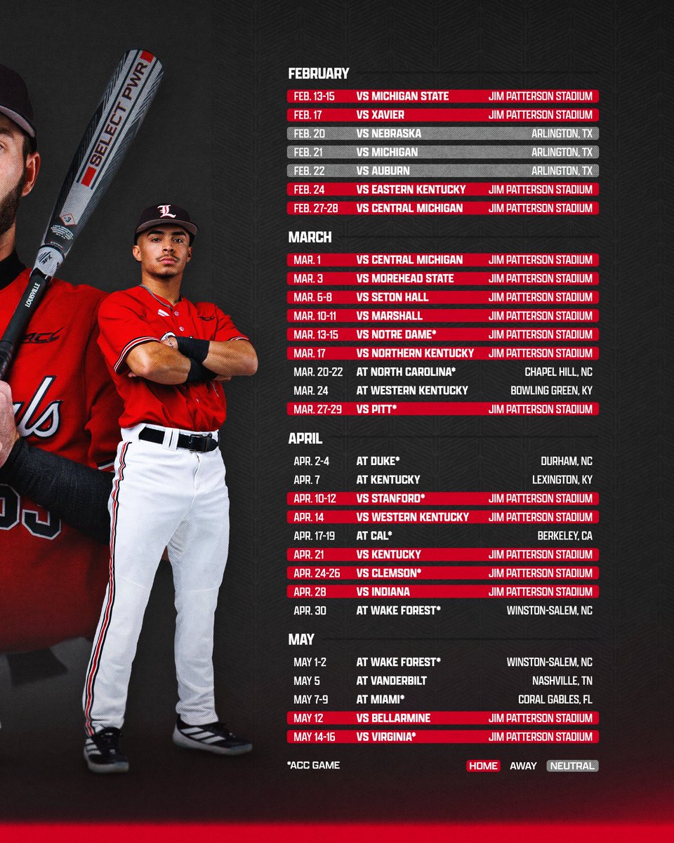 .<a href="/LouisvilleBSB/">Louisville Baseball</a> releases their 2026 schedule.

Non-Conference Notables:
-Michigan State
-Xavier
-CBS (Michigan, Nebraska, Auburn)
-Western Kentucky
-Kentucky
-Indiana
-Vanderbilt

Cards will have their hands full with this 2026 slate.