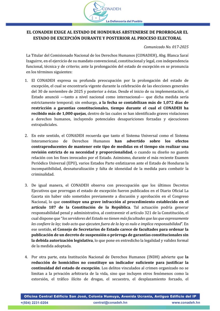 CONADEH's tweet image. 📌EL #CONADEH EXIGE AL ESTADO DE HONDURAS ABSTENERSE DE PRORROGAR EL ESTADO DE EXCEPCIÓN DURANTE Y POSTERIOR AL PROCESO ELECTORAL.