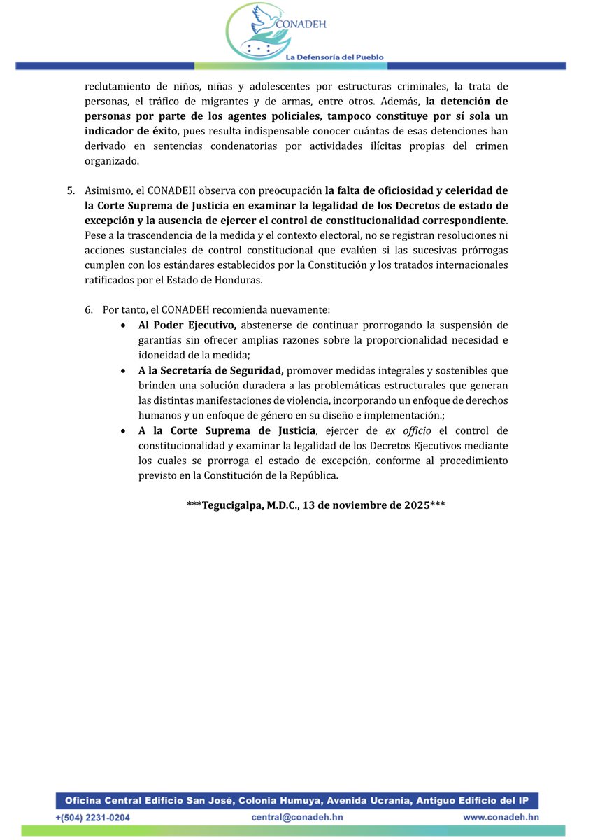 CONADEH's tweet image. 📌EL #CONADEH EXIGE AL ESTADO DE HONDURAS ABSTENERSE DE PRORROGAR EL ESTADO DE EXCEPCIÓN DURANTE Y POSTERIOR AL PROCESO ELECTORAL.