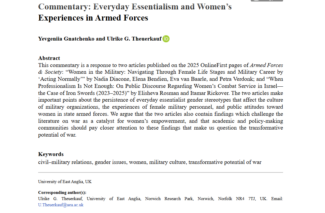 AFS_SAGE's tweet image. Check out this new article in #OnlineFirst! Commentary: Everyday Essentialism and Women’s Experiences in Armed Forces - Yevgeniia Gnatchenko, Ulrike G. Theuerkauf, 2025 #OpenAccess journals.sagepub.com/doi/10.1177/00…