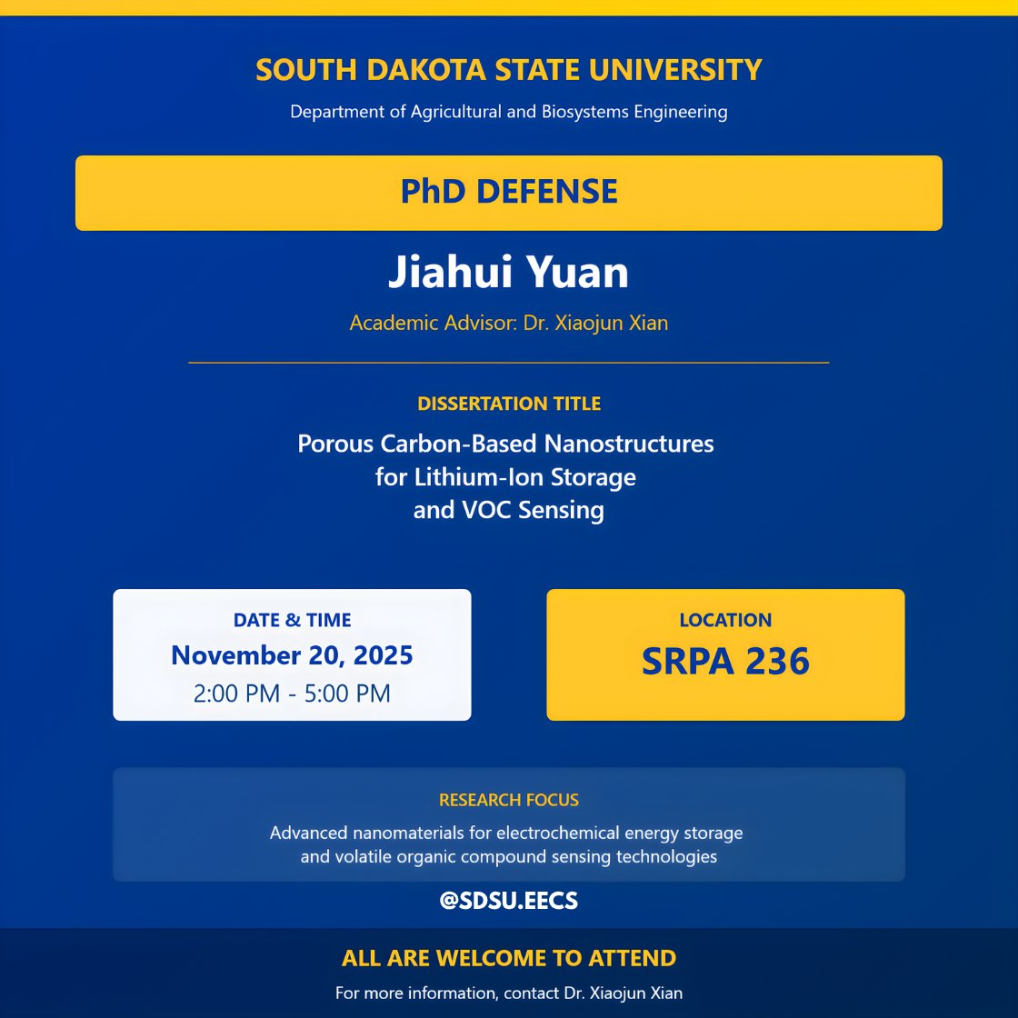SDSU_EECS's tweet image. PhD Defense Announcement

His research focuses on porous carbon-based nanostructures for lithium-ion storage and VOC sensing under the supervision of Dr. Xiaojun Xian.

All are welcome to attend. 

Congratulations, Jiahui!