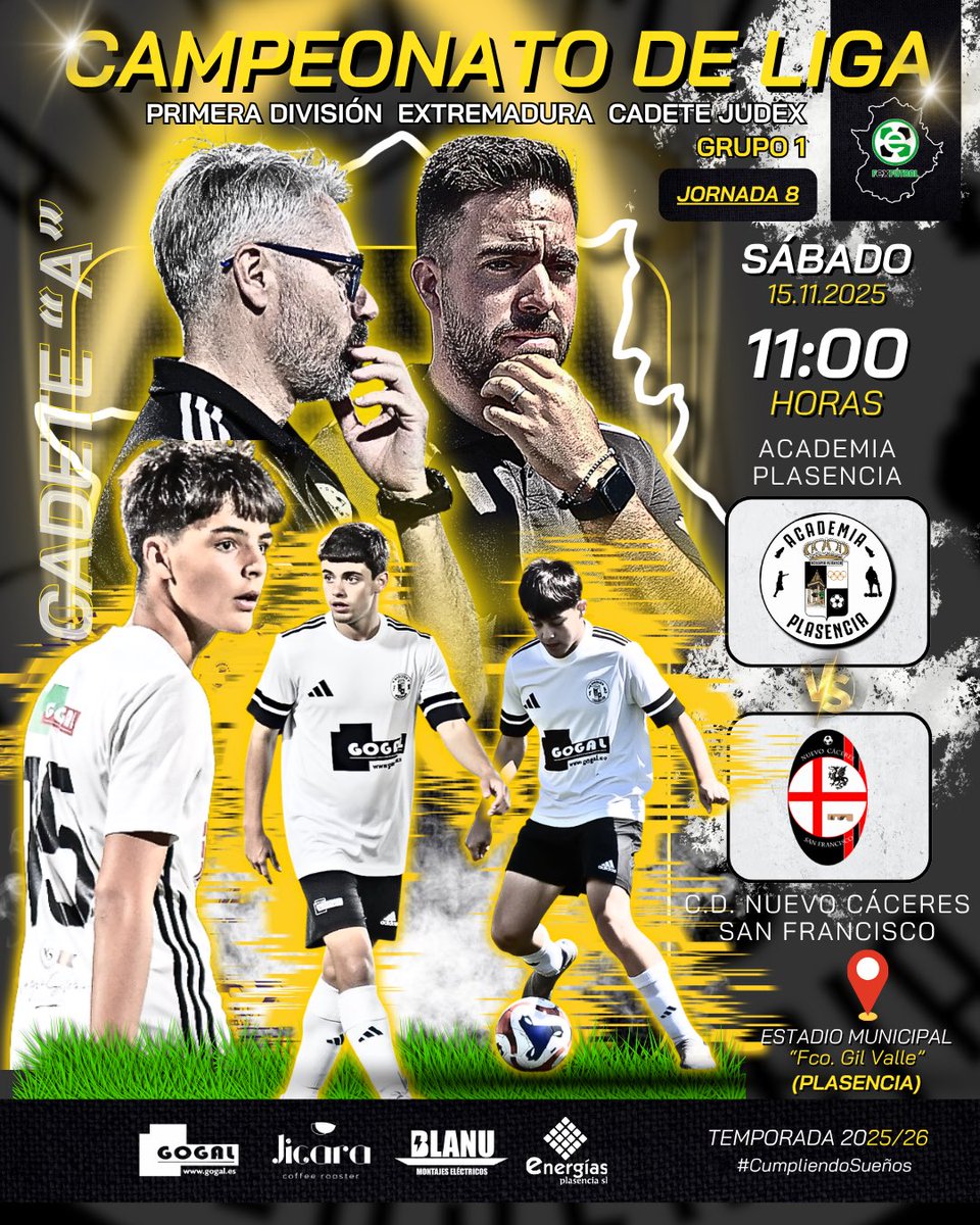 ☑️ | ¡8ª Jornada de Liga para nuestro #𝐶𝑎𝑑𝑒𝑡𝑒 “A”! 

🗓️ 15/11/25. 
🕚 11:00 H. 
🏟️ Estadio Municipal Francisco Gil Valle (Plasencia). 
🆚 <a href="/CdNuevocc/">C.D. Nuevo Cáceres San Francisco</a> 
💪🏻 ¡𝑉𝑎𝑚𝑜𝑠 𝑒𝑞𝑢𝑖𝑝𝑜! 

#AᥴᥲdᥱmιᥲPᥣᥲsᥱᥒᥴιᥲ | #CᥙmρᥣιᥱᥒdoSᥙᥱᥒ̃os