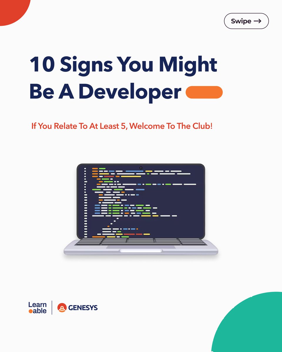 _learnable's tweet image. You ever realize developers all share the same personality glitches?

We made a list and honestly, it&apos;s a little too accurate😂.

Swipe through and tell us how many apply to your dev life.

#everythingislearnable #Genesystechhub #tech