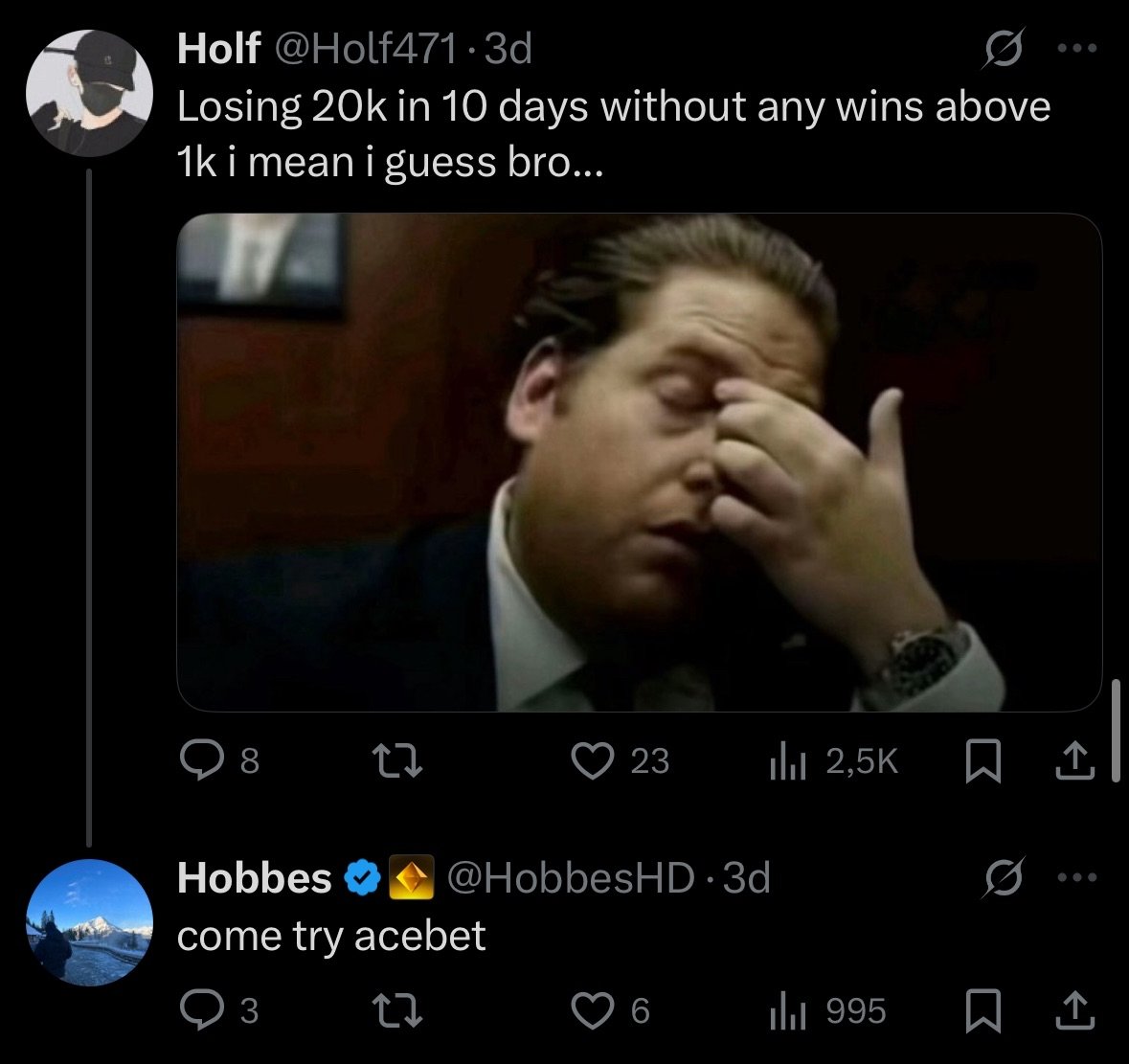 It’s unbelievable to watch a casino owner behave like this publicly. <a href="/HobbesHD/">Hobbes</a> sees someone frustrated after losing 20k on a competitor casino and uses the moment to advertise his own. It’s unprofessional, unethical, and unfortunately predictable. 

One of my followers recently