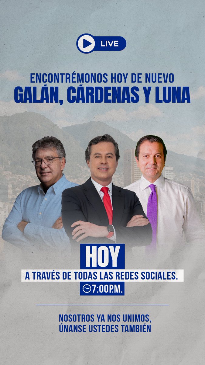 ¡Nos vemos HOY a las 7:00 p.m. en vivo! 🔴
Junto a <a href="/lunadavid/">David Luna</a> y <a href="/MauricioCard/">Mauricio Cárdenas S.</a> hablaremos sin filtro de lo que está pasando y de lo que viene para Colombia 🇨🇴

📲 Conéctate por todas nuestras redes.