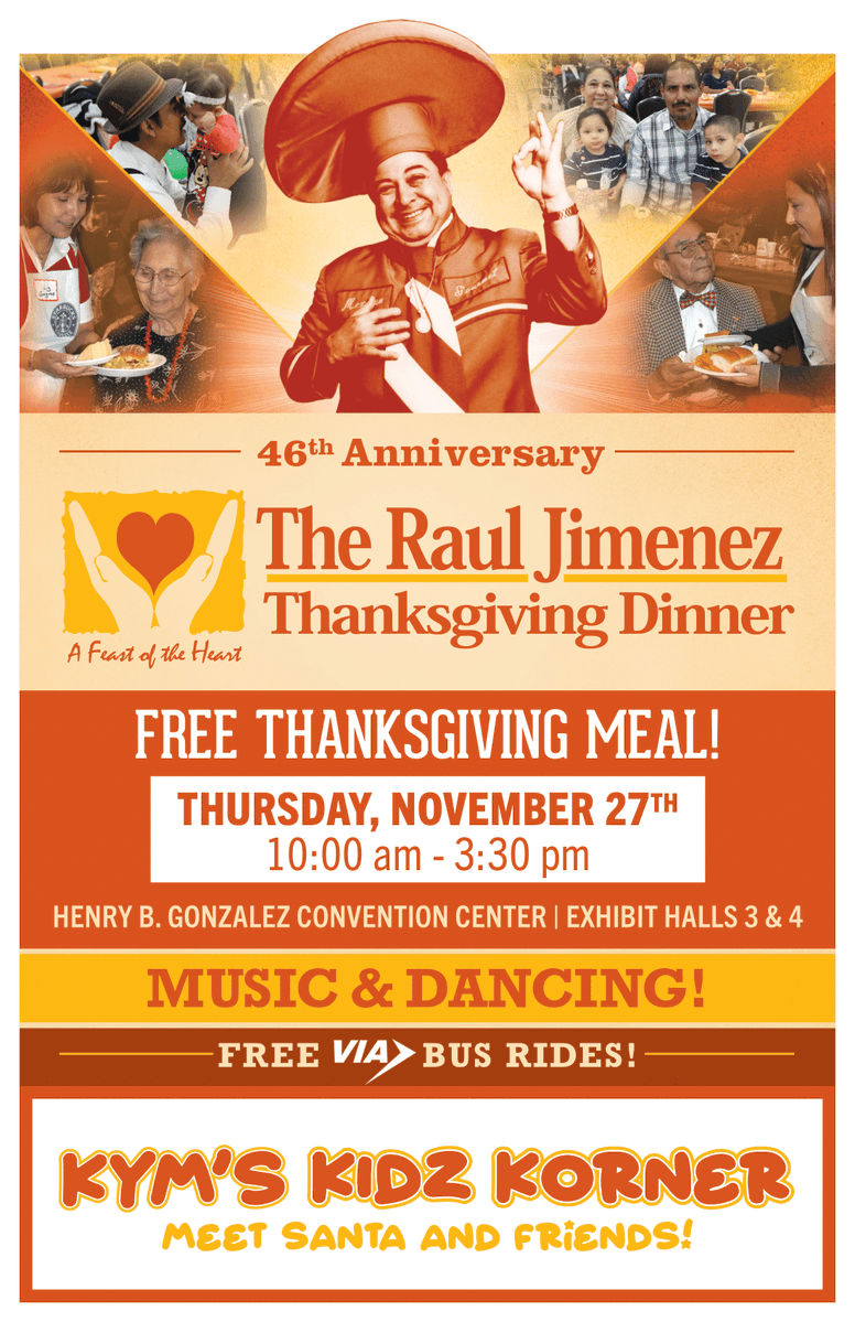 46 years of giving free Thanksgiving meals! Grab yours on Thanksgiving Thursday, November 27th 10am - 3pm at the Henry B Gonzalez Convention Center Exhibit Halls 3 &amp; 4! All FREE.