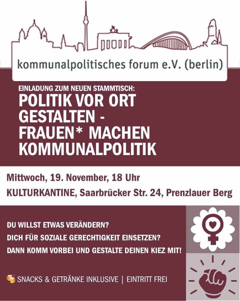 🟥 Wir starten mit einem neuen Stammtisch, um Frauen zu sammeln ins Netzwerken ! Wann: Mittwoch 19. November
Anmeldung: Kommunalpolitisches.forum@berlin.de 
Oder 015118934893 
kommunalpolitik-berlin.de 
Julia Witt 
Vorsitzende des Vereins 
Kommunalpolitisches Forum e.V.