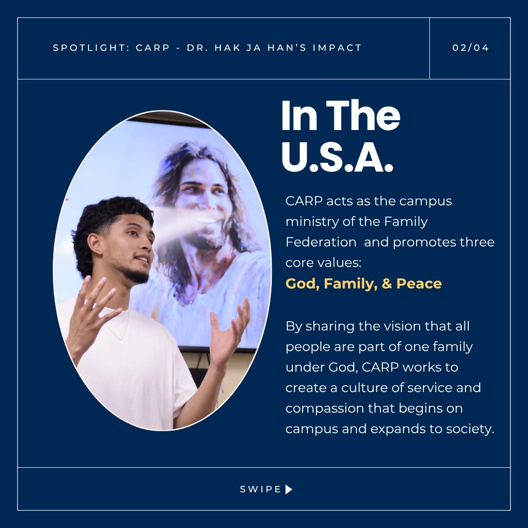 FamilyFedUsa's tweet image. ✨ Spotlight: CARP - Dr. Hak Ja Han’s Impact✨

Co-founded by Dr. Hak ja Han, the Collegiate Association for the Research of Principles (CARP) has been nurturing a generation of college students who live for the sake of others.

Since 1966, CARP has inspired youth to become moral…