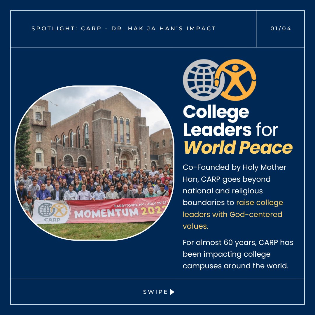 FamilyFedUsa's tweet image. ✨ Spotlight: CARP - Dr. Hak Ja Han’s Impact✨

Co-founded by Dr. Hak ja Han, the Collegiate Association for the Research of Principles (CARP) has been nurturing a generation of college students who live for the sake of others.

Since 1966, CARP has inspired youth to become moral…