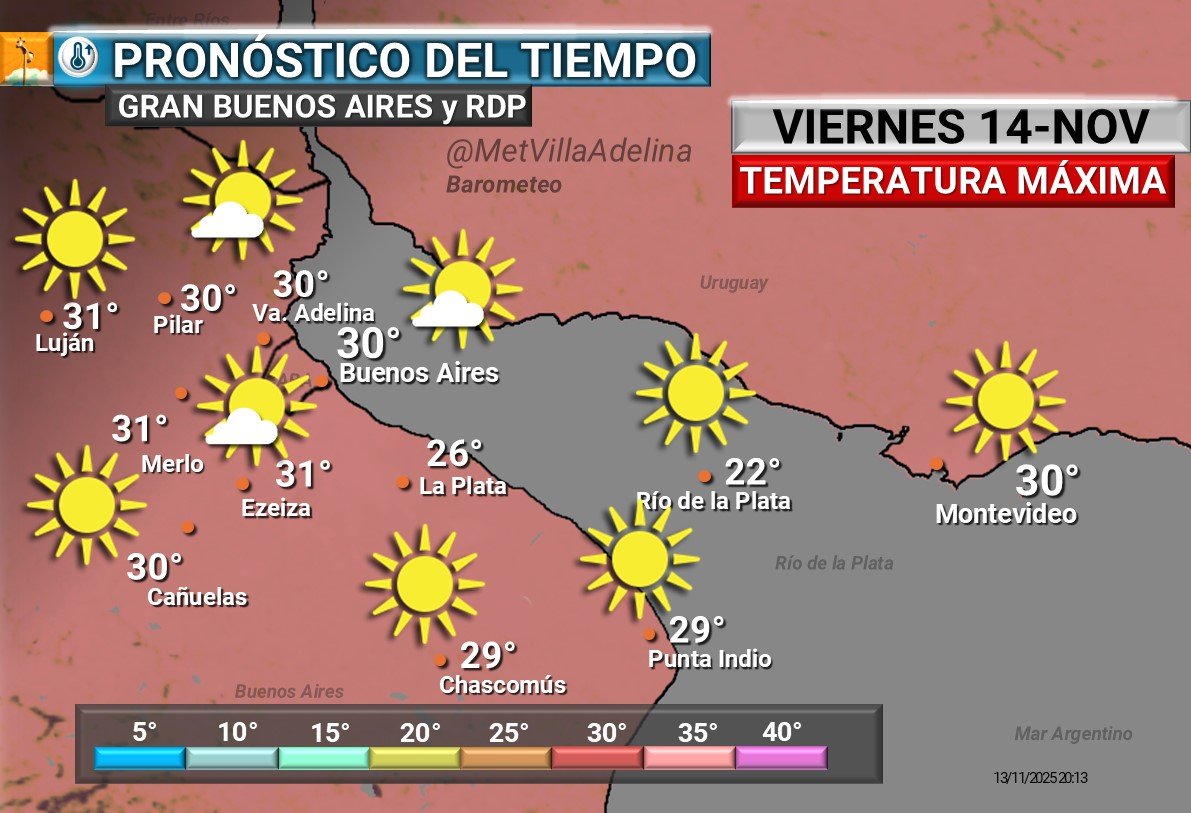 📷EL TIEMPO GRAN BUENOS AIRES PARA MAÑANA VIERNES 14/11:
En general despejado con algunas nubes hacia la noche. Ambiente agradable a cálido y seco. Viento leve del sector Norte, aumentando velocidad a última hora. Mínima 17° / Máxima 30°