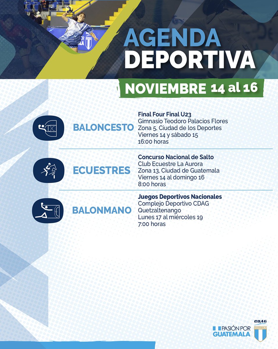 CDAG_Guatemala's tweet image. 📆💙 Revisa nuestra agenda deportiva y encuentra la actividad deportiva federada para este fin de semana 💪🇬🇹

#Guatemala #Deportes #Atleta #Agenda #AgendaDeportiva