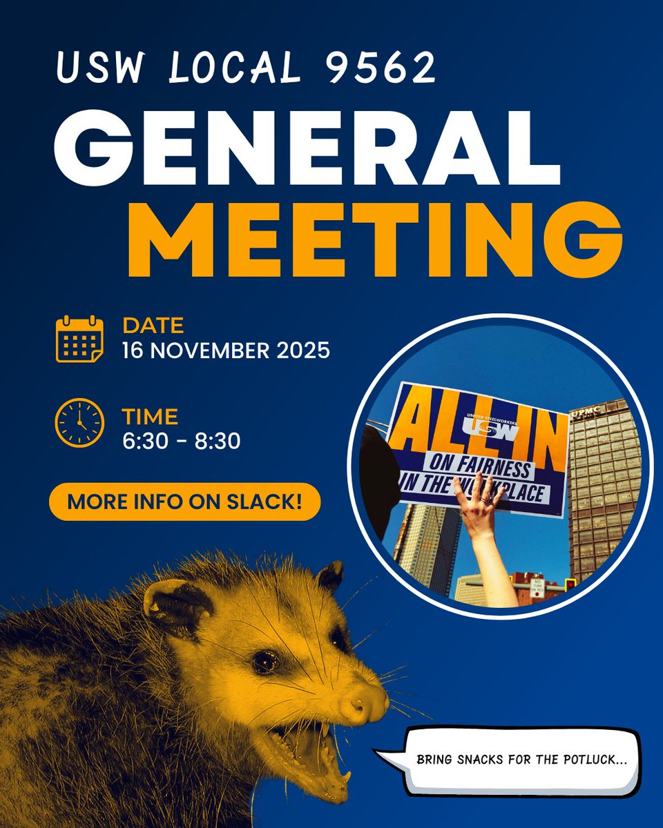 Our next Local 9562 General Meeting will take place on Sunday, November 16th starting at 6:30 pm. Invite your coworkers!

As usual, this meeting will be your opportunity to vote on how we spend our union dues. Make your voice heard! There will be snacks!