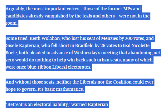 2000and1's tweet image. afr.com/politics/feder…

Yup. If you can&apos;t win urban seats, you can&apos;t win. Howard knew it and worked hard to lock out the right flank. 

The current mob are failing politics 101. 
They&apos;ve emboldened ON and the hard right flank, won no extra votes and abandoned the centre.