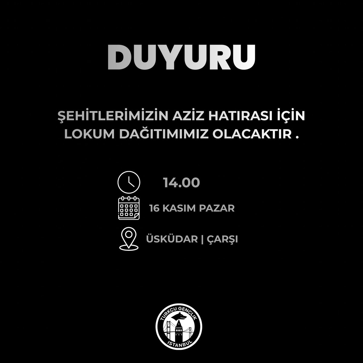 İstanbul Türkçü Gençlik | 

Şehitlerimizin Aziz Hatırası İçin Lokum Dağıtımı Gerçekleştirecektir.

⏰14.00
🗓️16 Kasım Pazar 
📍 Üsküdar | Çarşı