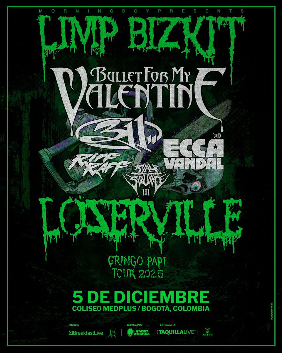 musictrendscol's tweet photo. #UPDATE: BULLET FOR MY VALENTINE se une al cartel de LOSERVILLE 2025 EN TODA LA REGIÓN 🚨

En Colombia 🇨🇴, el evento se llevará a cabo junto a Limp Bizkit, 311 ECCA Vandal, Slay Squad y Riff RAFF este 5 de diciembre en el @coliseomedplus 📍

Por motivos personales, YUNGBLUD no participará de ninguna edición de Loserville este año. Esperamos verlo muy pronto en nuestro país. 

Entradas en @taquillalive 🎫

@BreakfastLiveCo