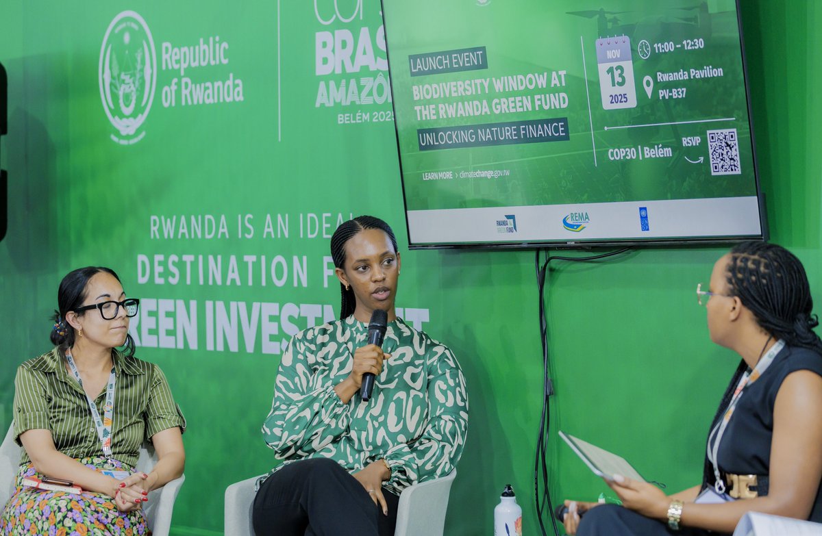 primebc1's tweet photo. Happy to have our very own @adelinecyuzuzo representing Prime Biodiversity Conservation at the launch of the Biodiversity Window under the theme “Unlocking Nature Finance” at #COP30 in Belém, Brazil 🇧🇷.

She highlighted our conservation work in @Gishwati_Mukura National Park, showcasing how local action drives global impact. #GreenRwanda