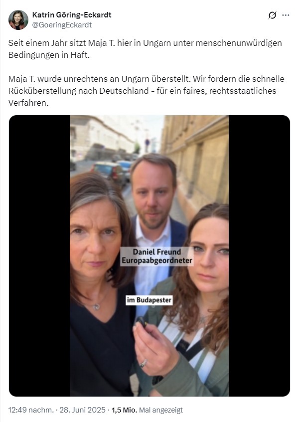 Mit USA-Reisen dürfte es für Göhring-Eckardt und Daniel Freund zukünftig etwas schwierig werden!

Das US-Außenministerium hat die „Antifa Ost“ als ausländische Terrororganisation eingestuft. Die Gruppe soll u.a. für die „Hammerbande“ Anschläge in Budapest verantwortlich sein.