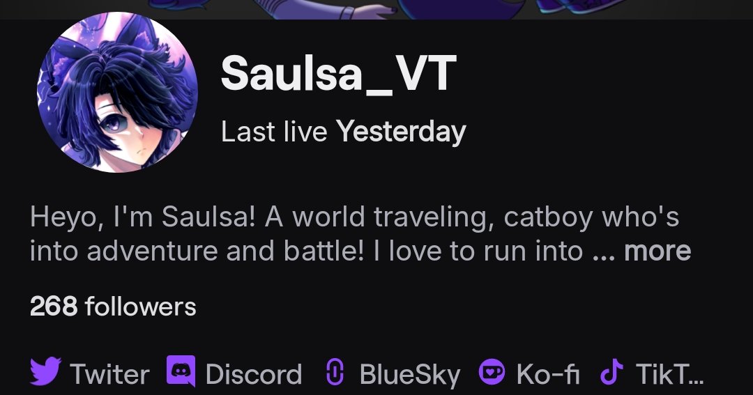 This year's final goal for me is to hit 290 or 300 on Twitch! We are currently at 268 and am getting closer! Any love helps here and I would be so happy if you can lend a hand! Hopefully, I'll see you'll in stream! 💜
#VtuberSupport

Twitch.tv/Saulsa_VT