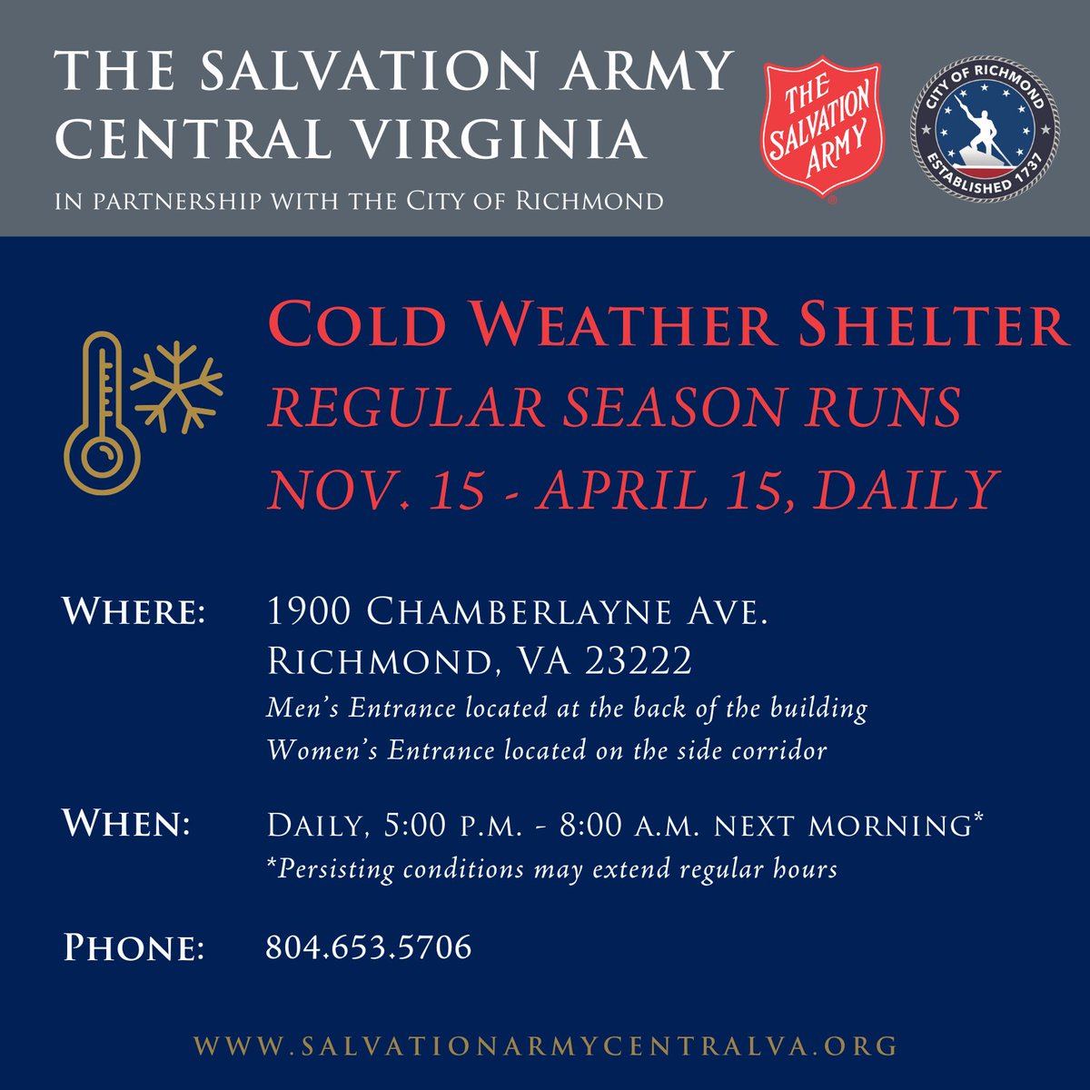 🧣 The Cold Weather Shelter opens daily Nov. 15–Apr. 15, providing warmth and safety through winter.

Operated in partnership with <a href="/CityRichmondVA/">City of Richmond, VA</a> and with the support of <a href="/HenricoNews/">Henrico County Government</a> .

🕔 5 PM–8 AM (overnight)
📍 1900 Chamberlayne Ave.
#SalArmyRVA #RichmondVA #shelterservices