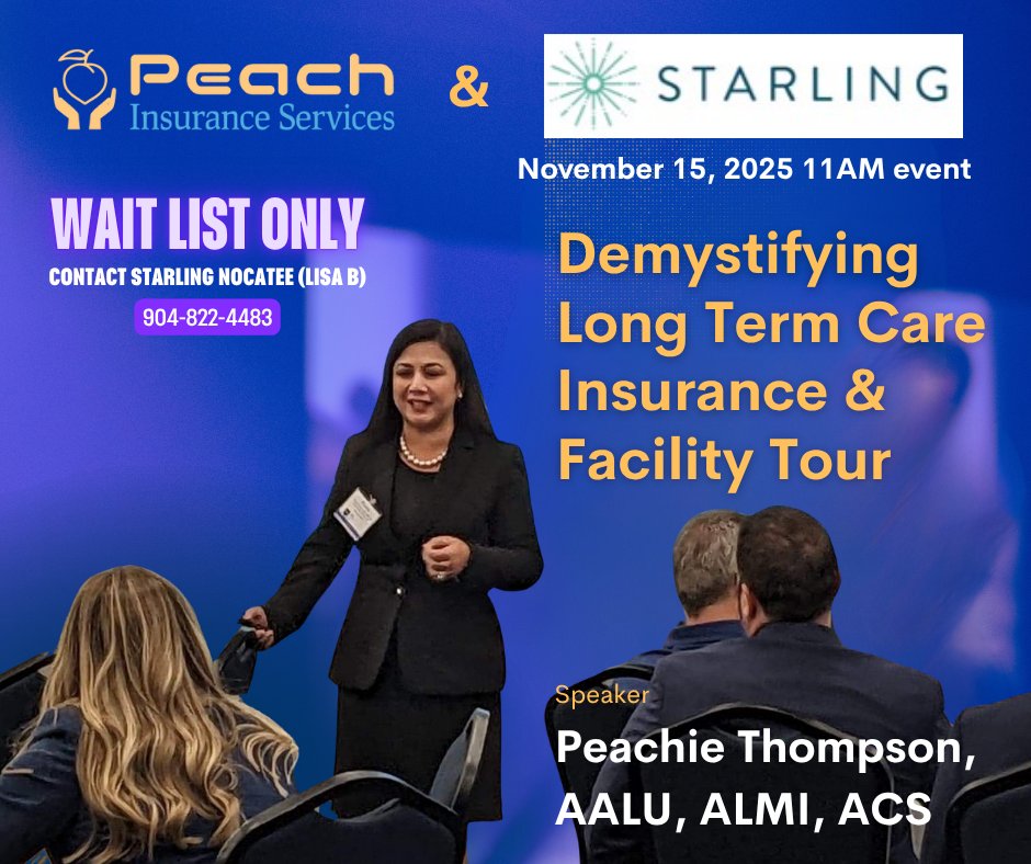 WAITLIST ONLY 🔥Peachie's LTC insurance seminar at Starling Nocatee this Sat 11/15 is waitlist only!
Call Starling (904) 822-4483 to get on the list.
Don't miss insights on protecting your assets while ensuring quality care. #LongTermCareInsurance #NocateeEvents #PonteVedra