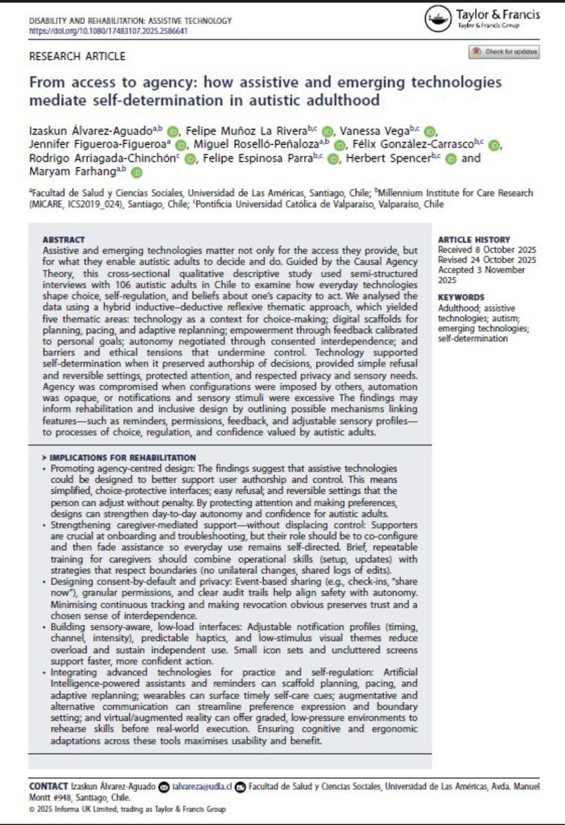 La #tecnología puede empoderar o silenciar a las personas #autistas.
En nuestro nuevo #paper, 106 adultos autistas dijeron: las buenas tecnologías dejan elegir, borrar, pausar, decir “no”.
Si no diseñamos con ellos, diseñamos contra ellos.
📚 Pasen y lean: researchgate.net/publication/39…