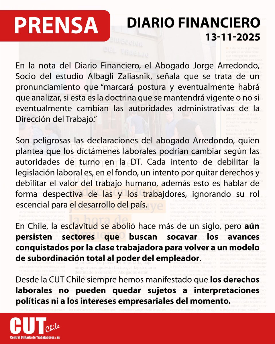 Desde la CUT valoramos este dictamen que ratifica nuestra postura y solicitud de claridad a la autoridades, manteniendo la línea histórica del derecho laboral chileno y resguardo del espíritu de la Ley de 40 horas.
<a href="/EricCamposBonta/">Eric Campos Sec. General CUT</a> <a href="/JM_Diaz_CUT/">Jose Manuel Diaz</a> <a href="/Pdta_Ajunji/">Silvia Silva</a> <a href="/GabrielaFariasT/">Gabriela Farías</a>