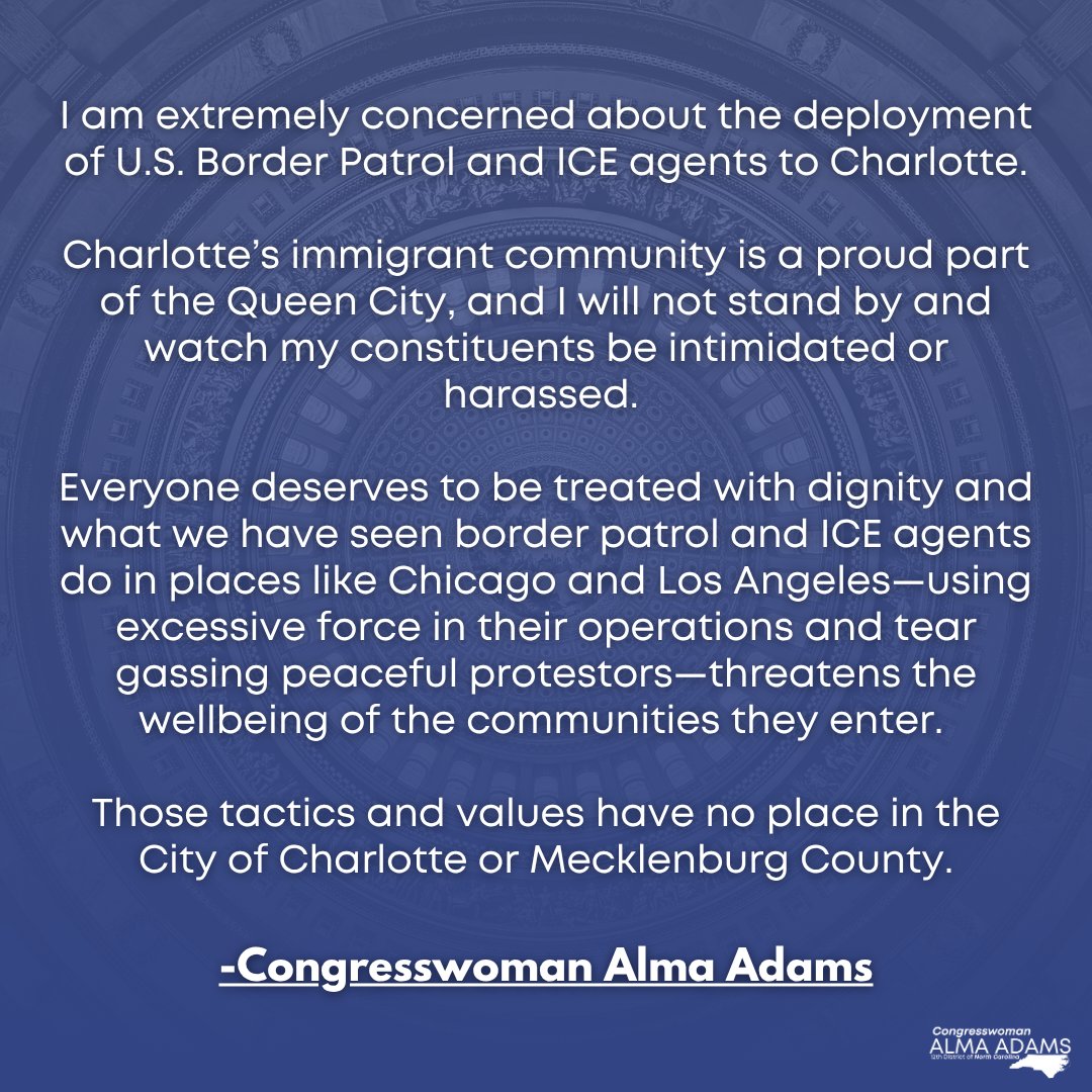 RepAdams's tweet image. My statement on U.S. Border Patrol and ICE agents being deployed in Charlotte.