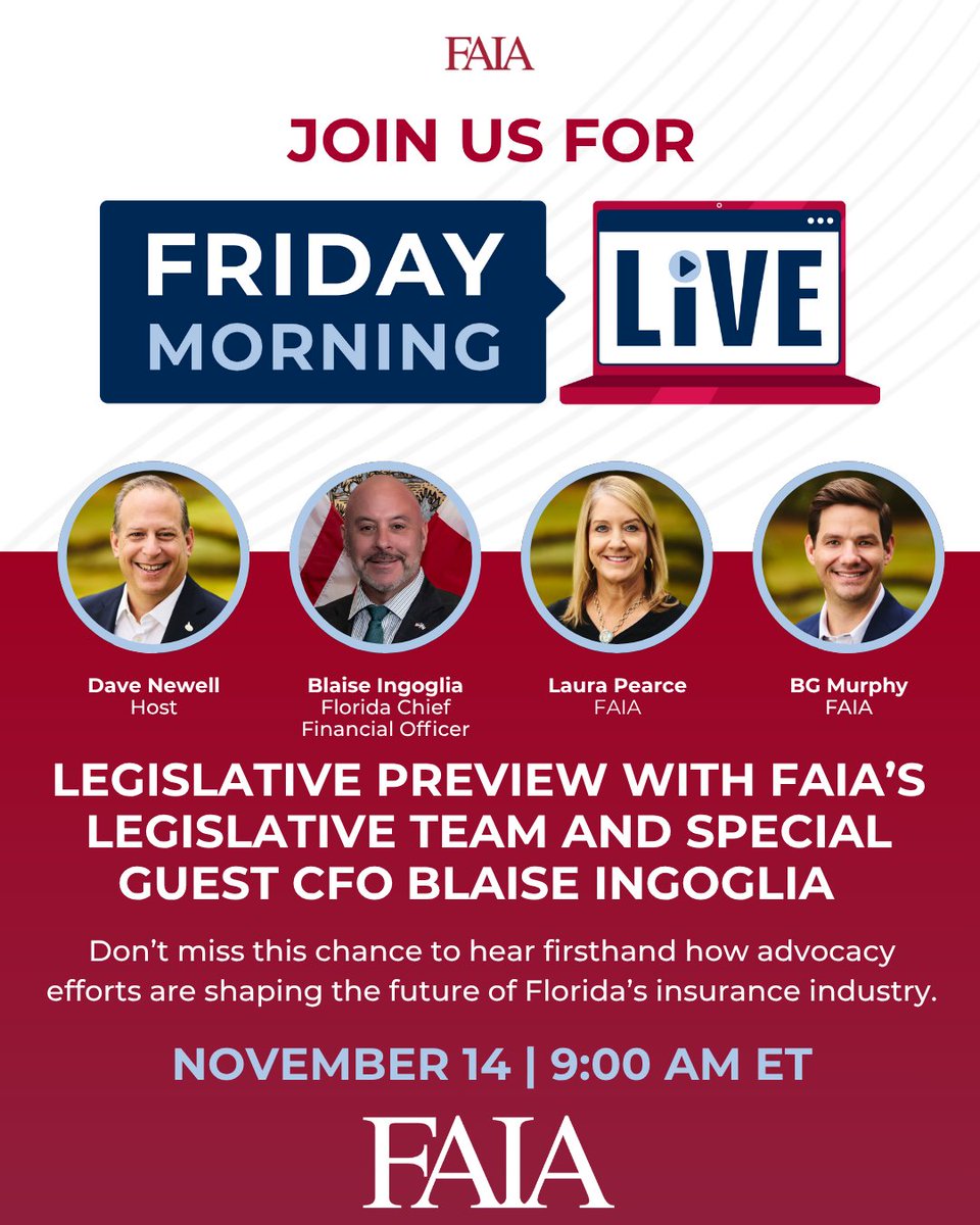 Join host Dave Newell tomorrow as he sits down with FAIA’s Legislative team, BG Murphy and Laura Pearce, for an in-depth preview of the 2026 Legislative Session, featuring special guest Florida's Chief Financial Officer Blaise Ingoglia. Register today: ow.ly/P2tn50Xrmun