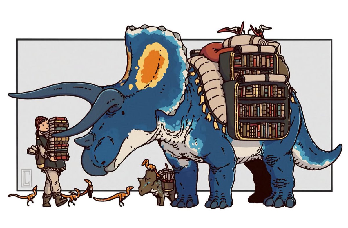 "Triceratops caravan bringing a shipment of new books to the library" art by Clanaghan