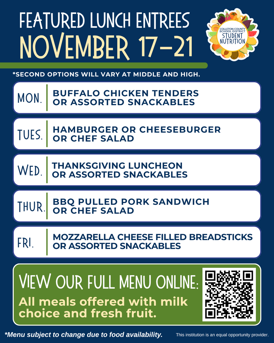 ColletonMeals's tweet image. From plate to palate, we&apos;re dedicated to turning each meal into a masterpiece. 🍽️🎨

Please see our complete menu on our website: schools.mealviewer.com/results/collet…

*Menus are subject to change due to supply chain issues. Thank you for your patience and understanding!

@ColletonSchools