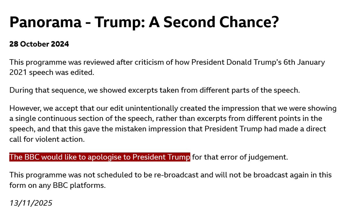 JUST IN - BBC apologizes to Trump over deceptive editing in J6 "Trump: A Second Chance?" documentary.