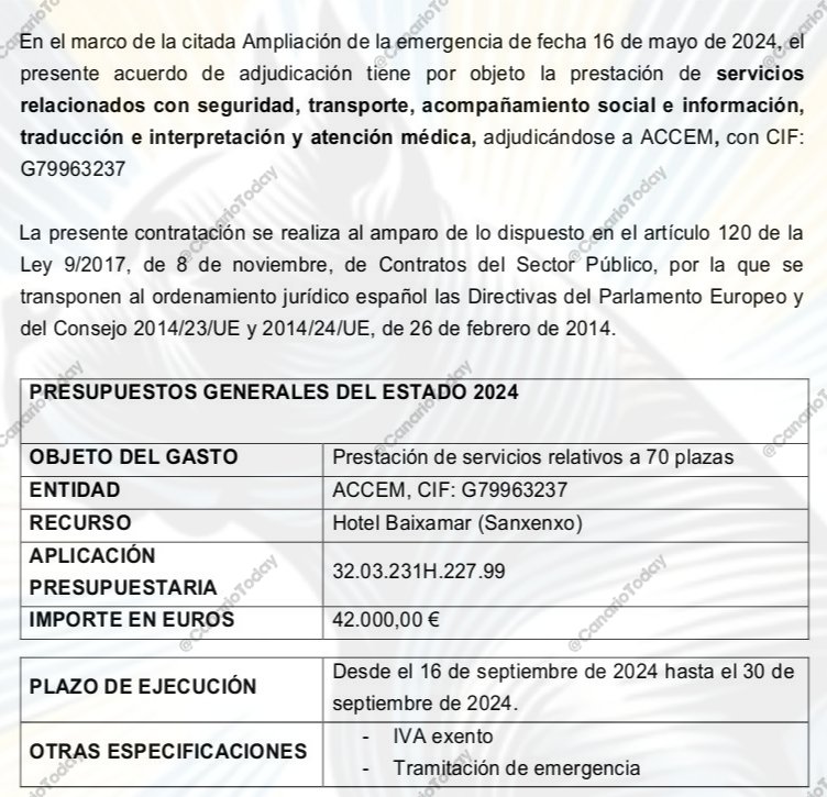 ¿Recuerdan la llegada de inmigrantes ilegales desde Canarias a Sanxenxo (Galicia)?

Hoy he podido acceder a uno de los contratos públicos del Gobierno de España con la ONG Accem para atenderlos.

➡️ 42.000 € en 15 días para 70 plazas en el Hotel Baixamar. Eso equivale a 1.200 €