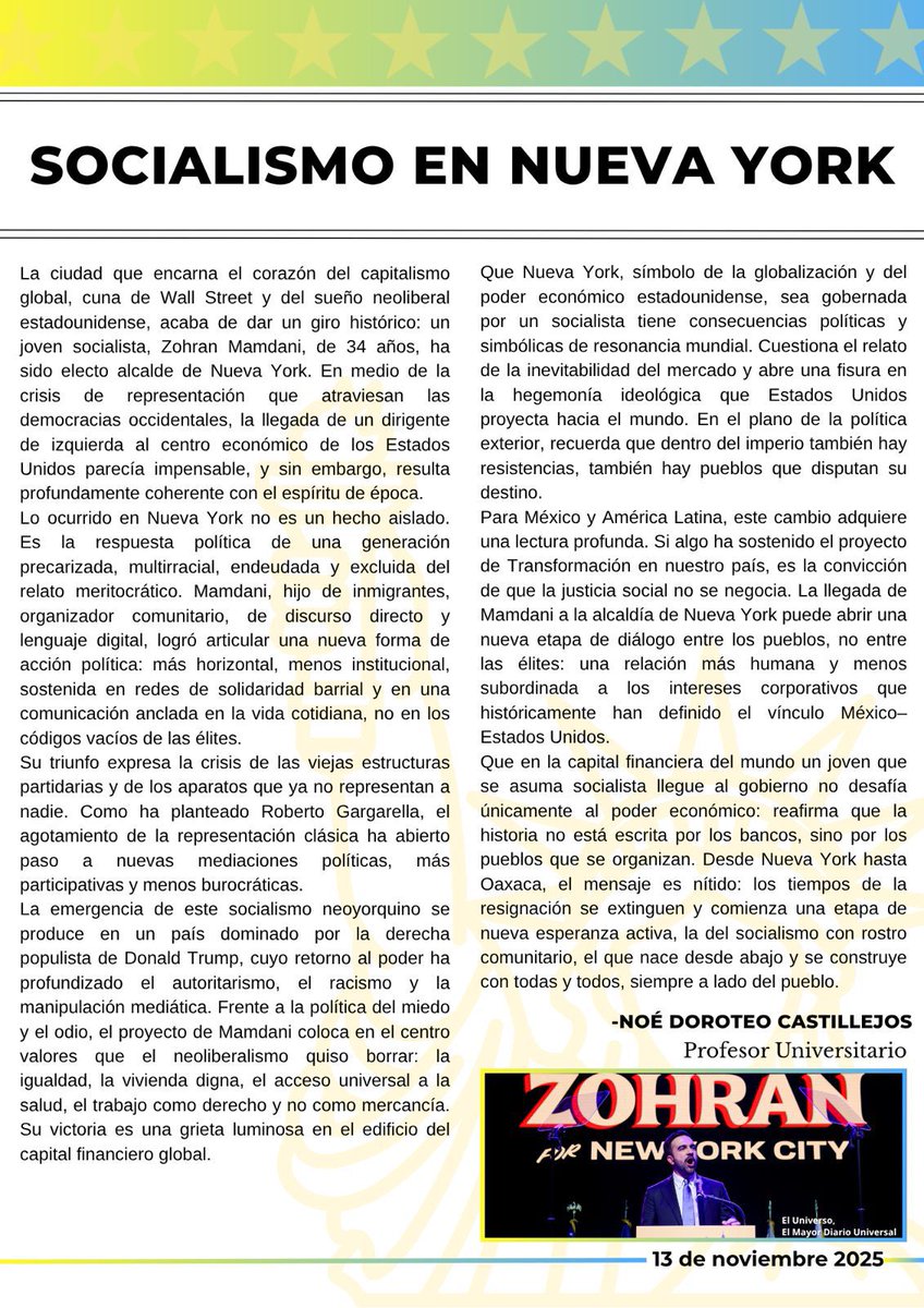 Eje_077's tweet photo. Opinión del Profesor Noé Doroteo Castillejos sobre las implicaciones de la elección de Mamdani en Nueva York.
#Mamdani #Opinión #socialismo #Politica https://t.co/YCoz6Hrof3