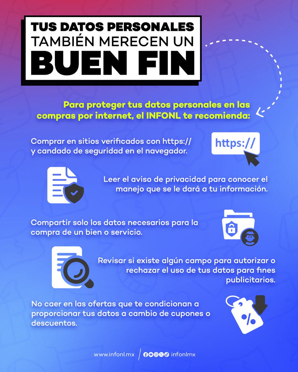 INFONLMX's tweet image. #ProtegeTusDatos | En este #BuenFin, el INFONL te comparte las siguientes recomendaciones para proteger tus datos personales en las compras por internet. 🛍️📱

¡Tus datos personales también merecen un buen fin!☝️🪪 

#INFONL #ProtecciónDeDatos #comprasenlínea #buenfin #Phishing