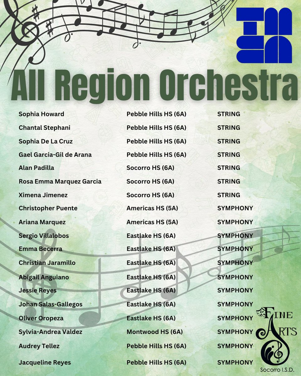SISD_FineArts's tweet image. Congratulations to our #SISDFineArts HS Orchestra students who made the All Region Ensembles and Qualified for Area! They will showcase their talent in January with the best of the best from across the El Paso Region! #TeamSISD