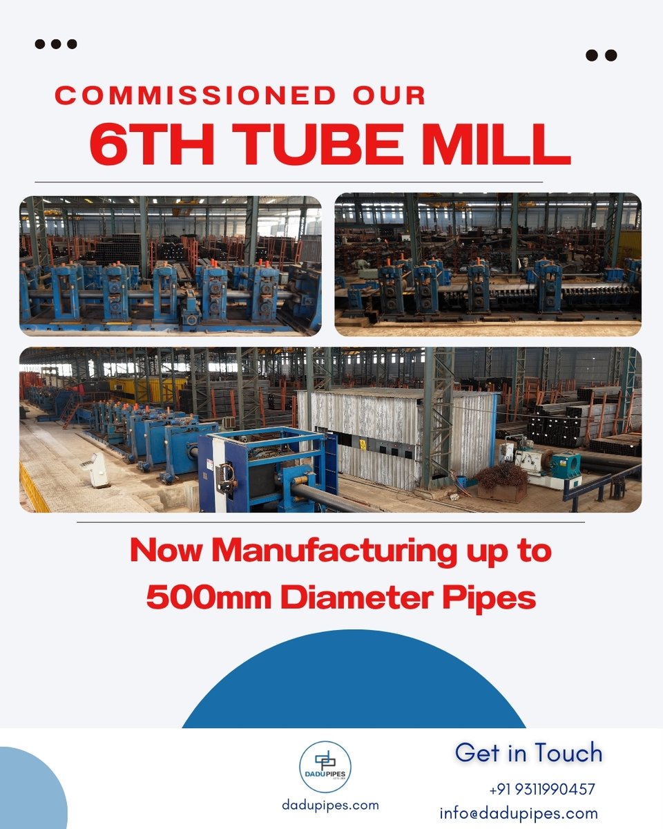 DADUPIPES's tweet photo. We're thrilled to announce the #commissioning of our 6th tube mill at Dadu Pipes. This state-of-the-art facility will manufacture 500mm diameter pipes, further strengthening our commitment to quality and expanding our #production capacity. 

#milestone #pipe #manufacturer https://t.co/pFU5Mhsctr