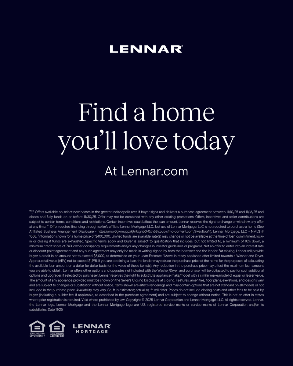 LennarIndy's tweet photo. Early deals are here🎉 Save on select new townhomes, single-story, and two-story homes in communities across the greater Indianapolis area🏡 https://t.co/JWWZF1NQo8