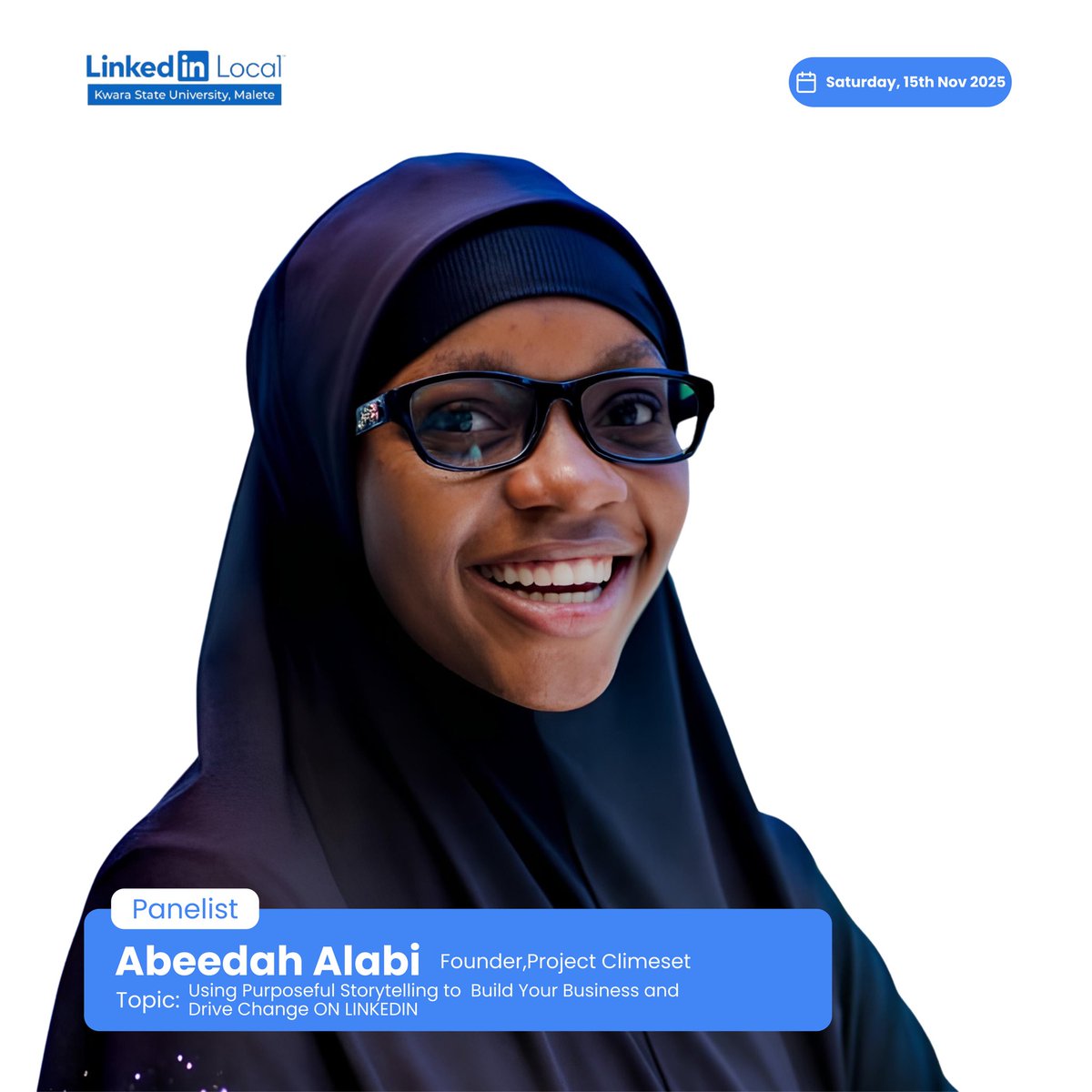 LinkedinLkwasu's tweet image. 🎤 Panelist Spotlight – Abeedah Alabi
Founder, Project Climeset

Abeedah is a changemaker, environmental advocate, and LinkedIn optimization expert. She uses the power of purposeful storytelling to spark impact, grow brands, and amplify voices.

#Linkedinlocalkwasu #KWASU #Career