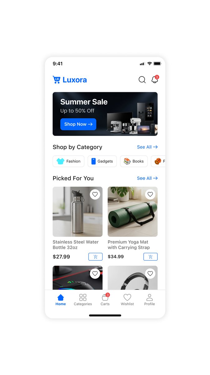 TechMaverick88's tweet image. Design thinking: 

Hero banner sits at natural eye level, dark background makes the CTA pop.

Category pills use icon + text because recognition beats recall.

Product cards? 2-column grid maximizes thumb reach on mobile. Every pixel earns its place.

#UIUXDesign #Buidinpublic