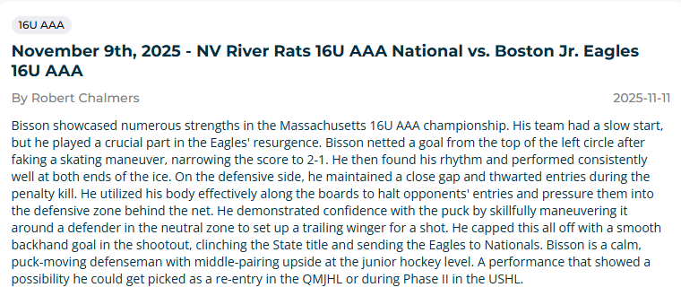 Always take pride in both ends of the ice! 

If you can score but can't shut down defensively, you don't truly help your team win. 

<a href="/BissonRyder/">Ryder Bisson</a>  isn't just a puck-moving defenseman. He's a full 200-foot player coaches rely on in big moments. 

eliteprospects.com/player/936977/…