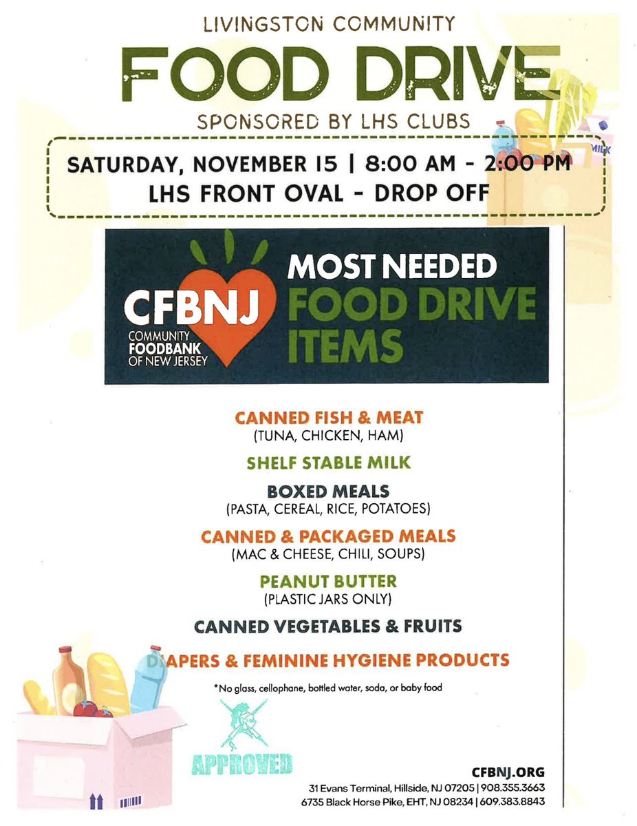 Pull up and pop your trunk. Our Livingston High School Drive Up Food Drive is open to everyone this Saturday from 8 to 2. No need to get out of your car. We will collect your donations for the Community Food Bank of NJ. Every can and box helps a family in need. 💛🧡🍎💚