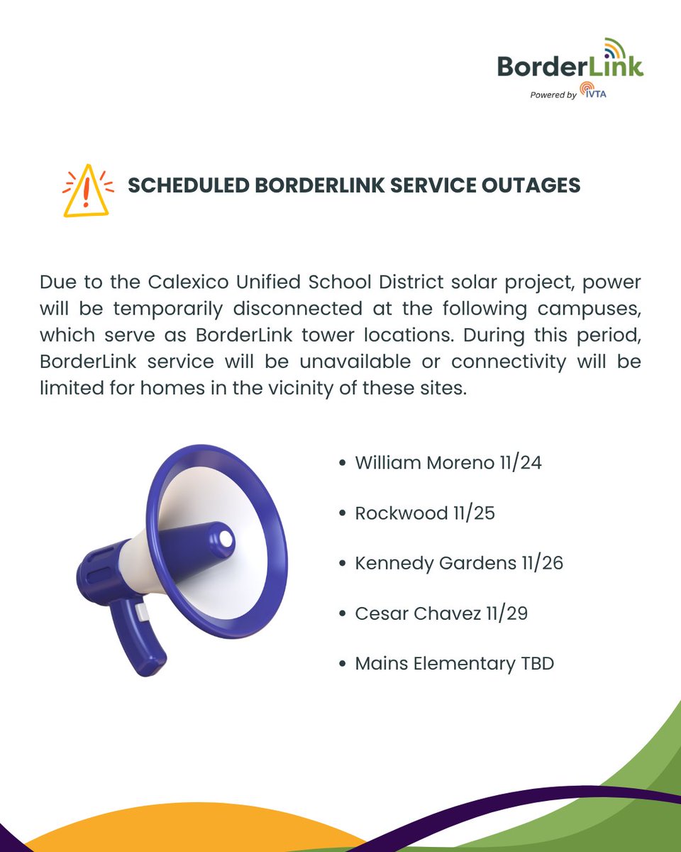 BorderLinkAlert's tweet photo. Scheduled BorderLink Outages
Due to the Calexico Unified School District solar project, power will be temporarily disconnected at the following campuses, which serve as BorderLink tower locations. https://t.co/smCdtwT2YW