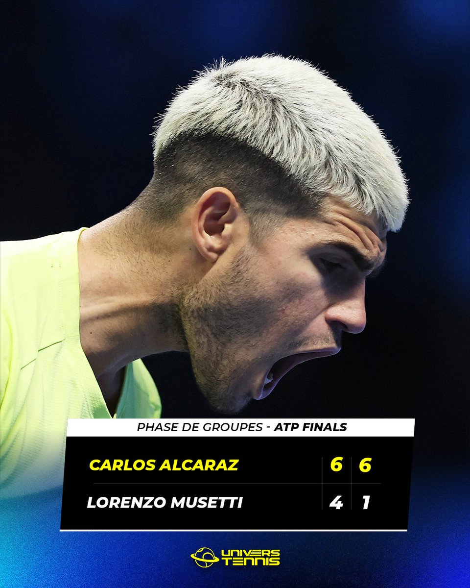 UniversTennis's tweet image. 3 SUR 3 POUR ALCARAZ ✅

Carlos Alcaraz domine Lorenzo Musetti et termine à la première place du groupe, atteignant les demi-finales du Masters pour la deuxième fois.

À 22 ans, l'Espagnol atteint la barre des 70 victoires sur une saison pour la première fois. 🔥🇪🇸