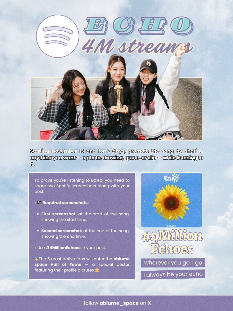 ablume_space's tweet image. As many of you already know, ECHO is only 37K plays away from reaching 4M on Spotify 🎧.
Let's do something fun to help make it happen! 💫

Take part in the small event organized by @ablume_space:
Echo: 4M STREAMS🚀.

Use the hashtag #4MillionEchoes and follow the instructions: