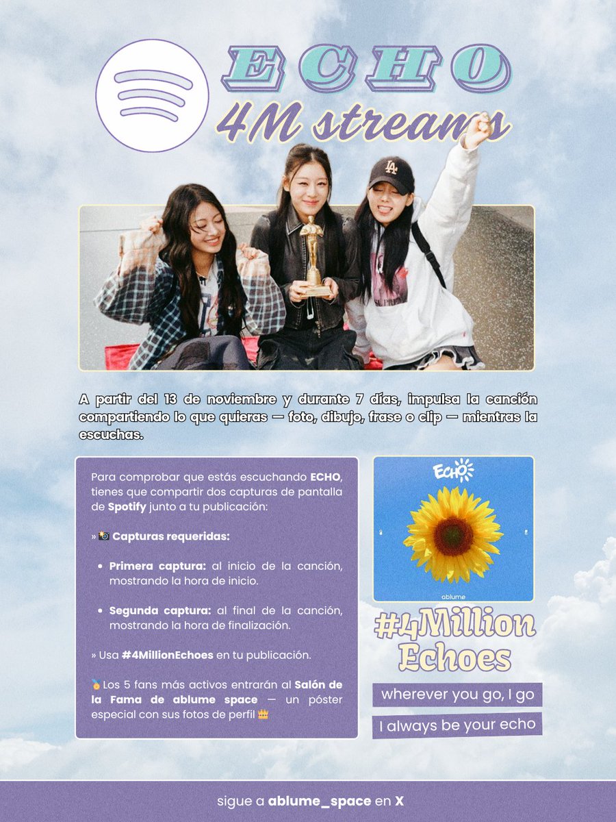 ablume_space's tweet image. As many of you already know, ECHO is only 37K plays away from reaching 4M on Spotify 🎧.
Let's do something fun to help make it happen! 💫

Take part in the small event organized by @ablume_space:
Echo: 4M STREAMS🚀.

Use the hashtag #4MillionEchoes and follow the instructions: