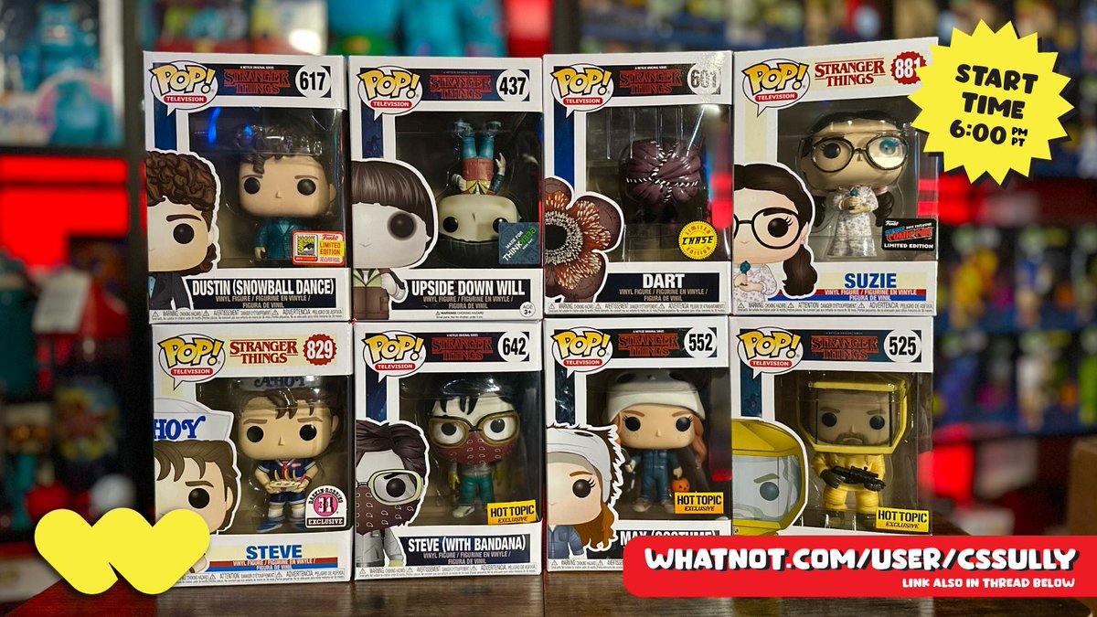 CSSully's tweet image. Another #StrangerThings auction tonight, featuring Funko Pops! &amp;amp; mother rare, vaulted &amp;amp; exclusive items + I&apos;ll be giving away 3 more Pop! Yourself codes, courtesy of @OriginalFunko!
Updated start time : 6pm PT